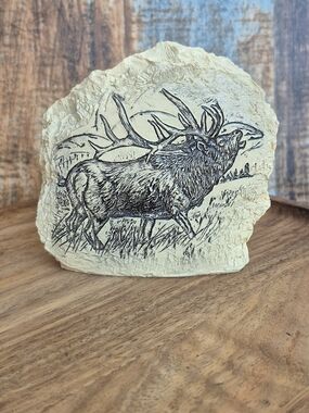 Vintage Bull Elk Engraved Faux Rock Plaque Decor Cabin Decor Man Cave Decor